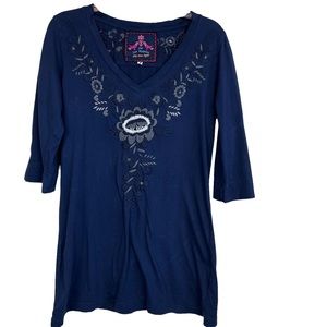Johnny Was navy embroidered top, size M